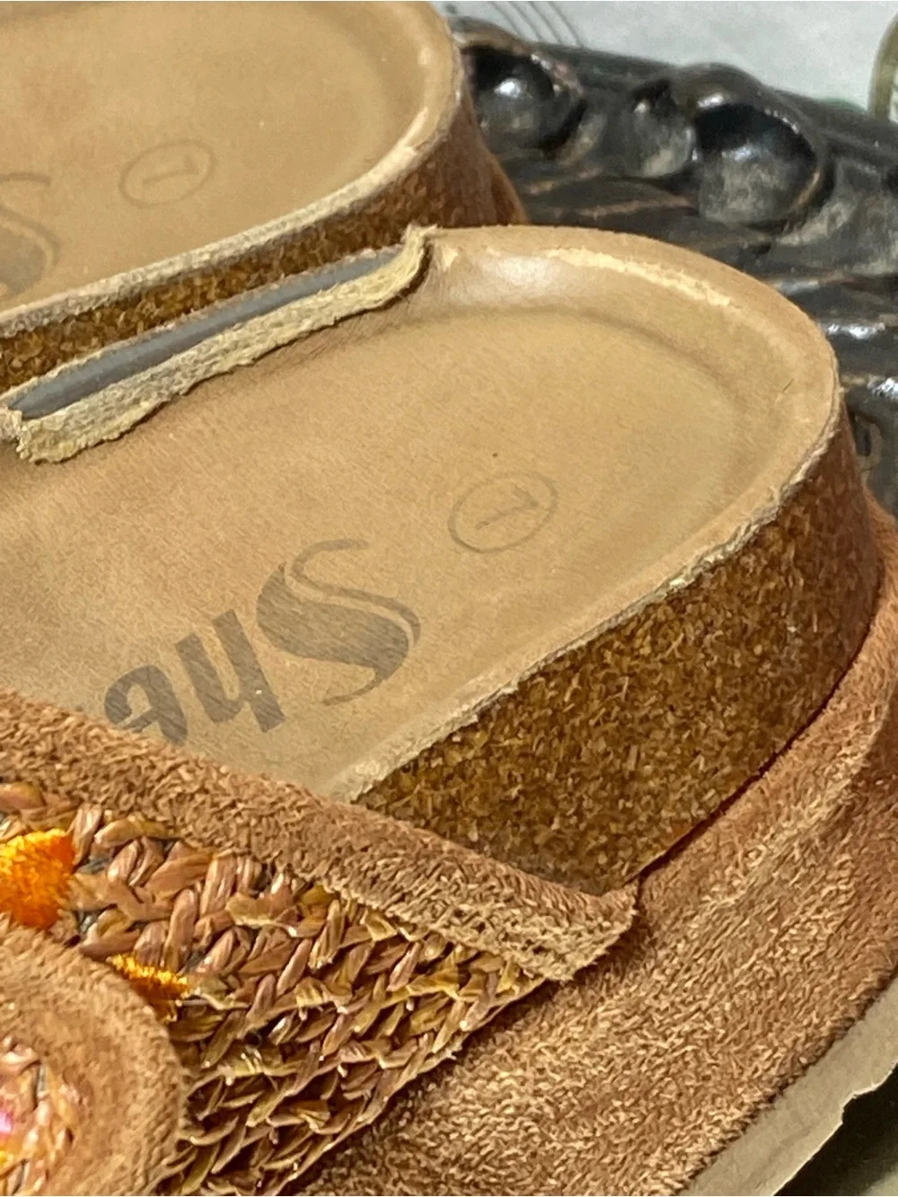 Embroidered Tan Suede Platform Slide Sandals with Buckles